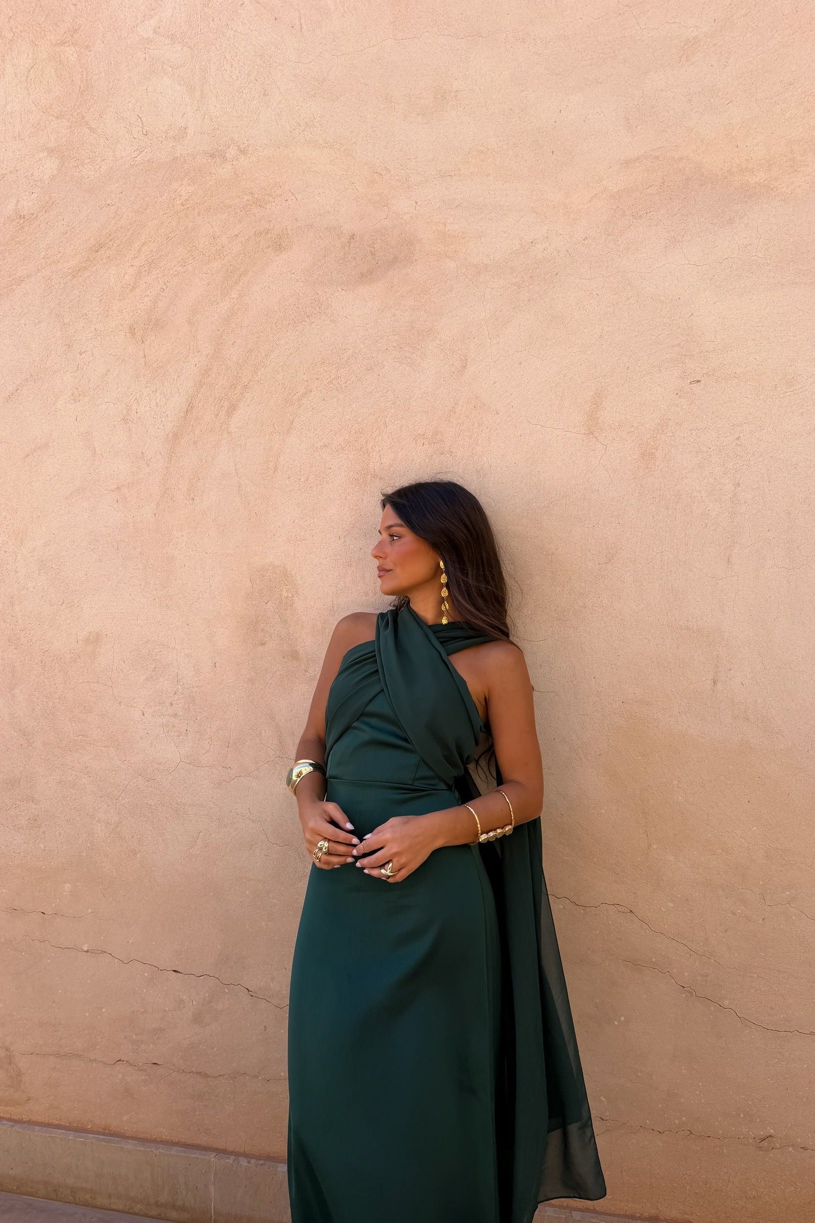 SOLEIL | Vestido Largo Halter con Capa Dorada