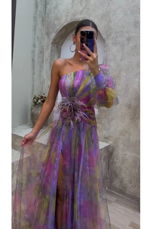 AURORA | Vestido Maxi de Tul Estampado con Hombro Único
