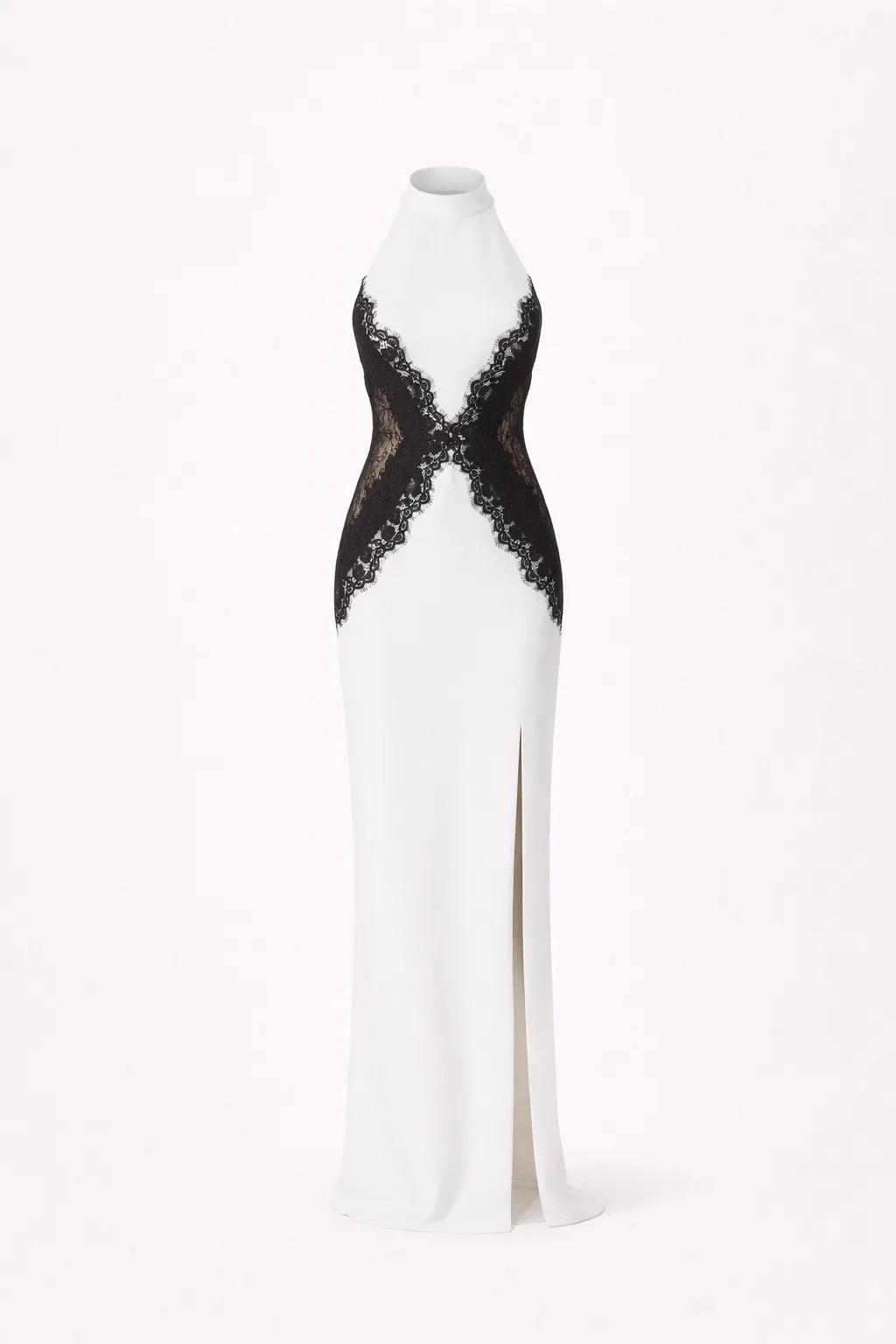 Vestido Blanco Encaje Negro Halter Maxi