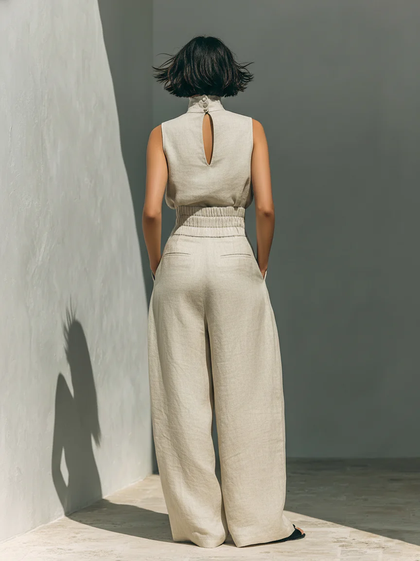 María | Conjunto de camiseta sin mangas y pantalones anchos de algodón y lino