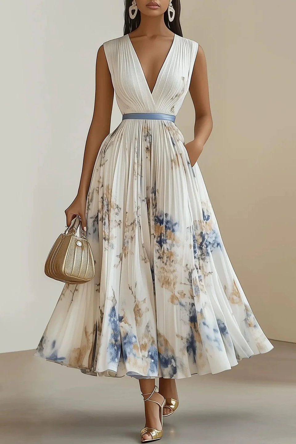 Vestido Floral Plisado Escote V
