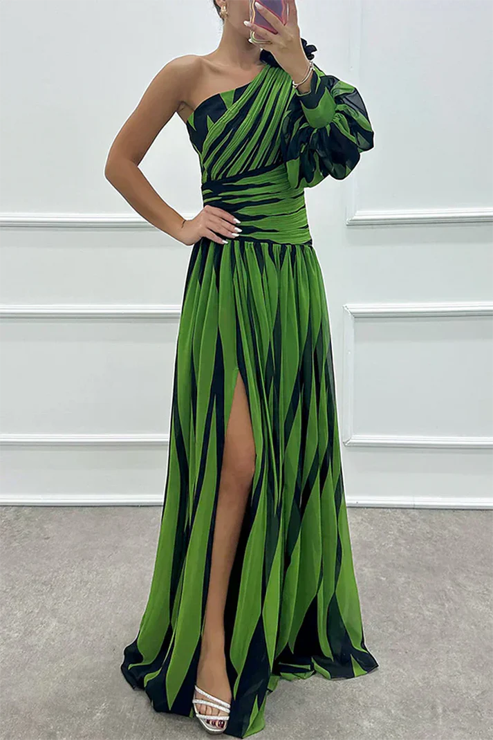 Shiloh - Vestido Maxi Elegante a Rayas con Un Hombro
