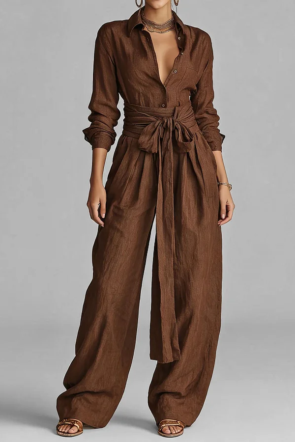 CAROLINA | Conjunto Elegante de Blusa Camisera y Pantalón Palazzo