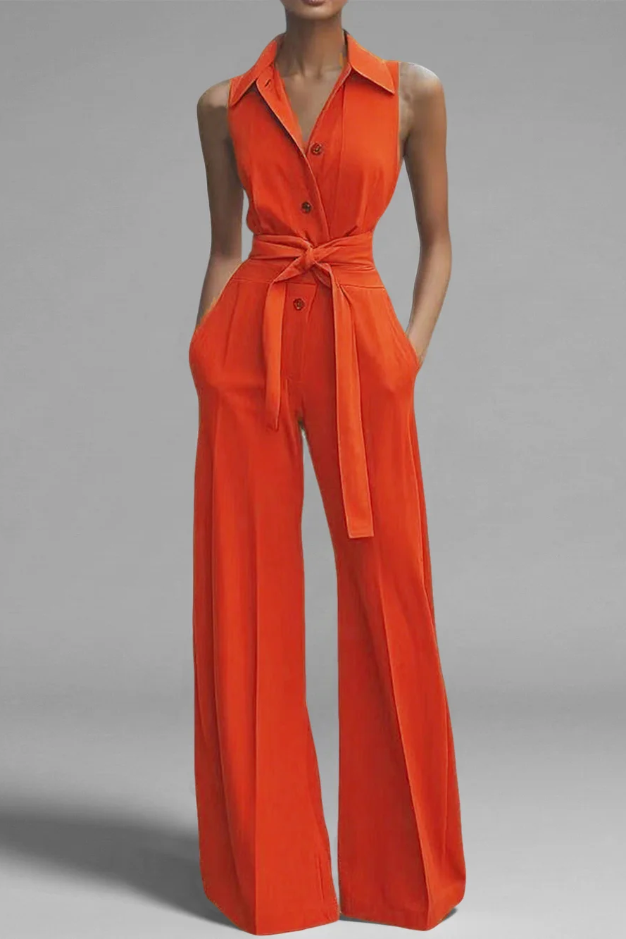 Camila | Mono elegante de mujer sin mangas con cuello camisero y cinturón de lazo, de pierna ancha