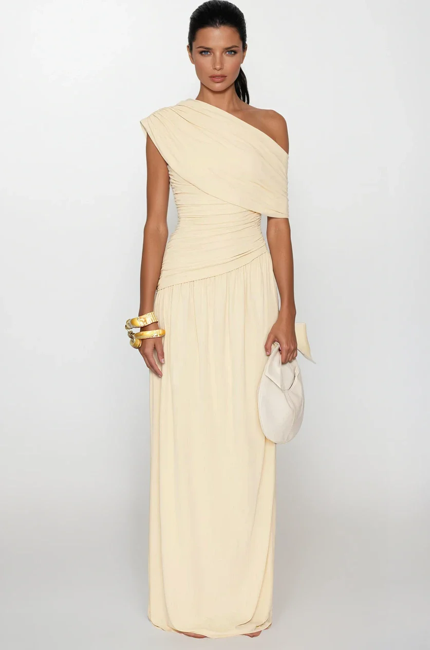 Vestido Hombro Drapeado Maxi