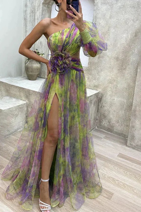 AURORA | Vestido Maxi de Tul Estampado con Hombro Único