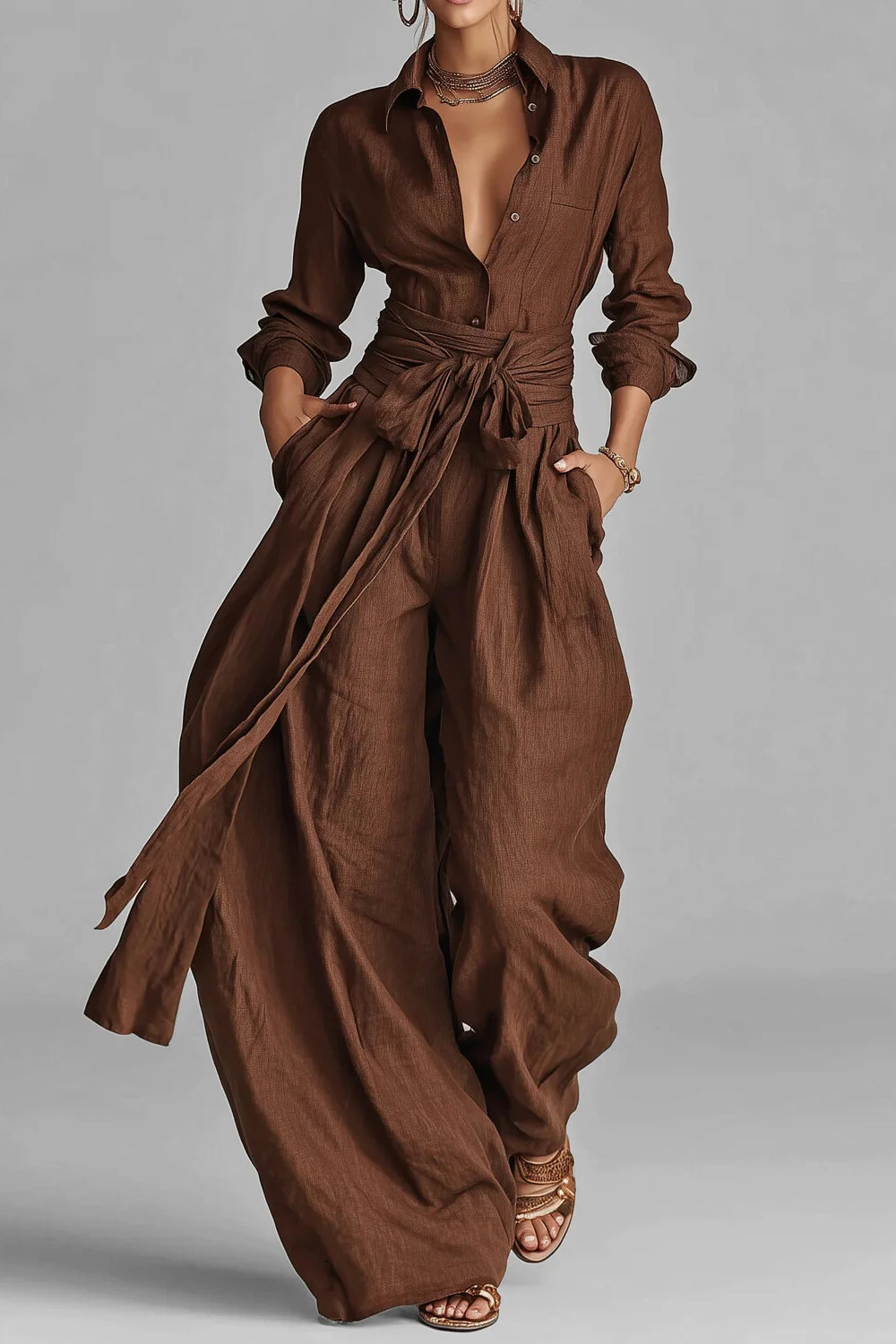 CAROLINA | Conjunto Elegante de Blusa Camisera y Pantalón Palazzo