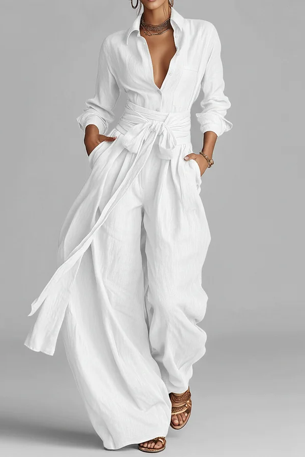 CAROLINA | Conjunto Elegante de Blusa Camisera y Pantalón Palazzo