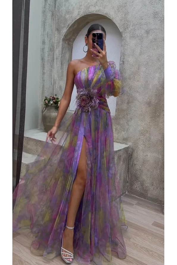 AURORA | Vestido Maxi de Tul Estampado con Hombro Único