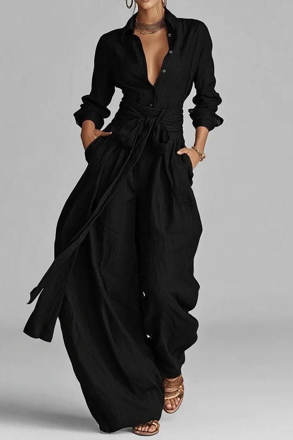 CAROLINA | Conjunto Elegante de Blusa Camisera y Pantalón Palazzo