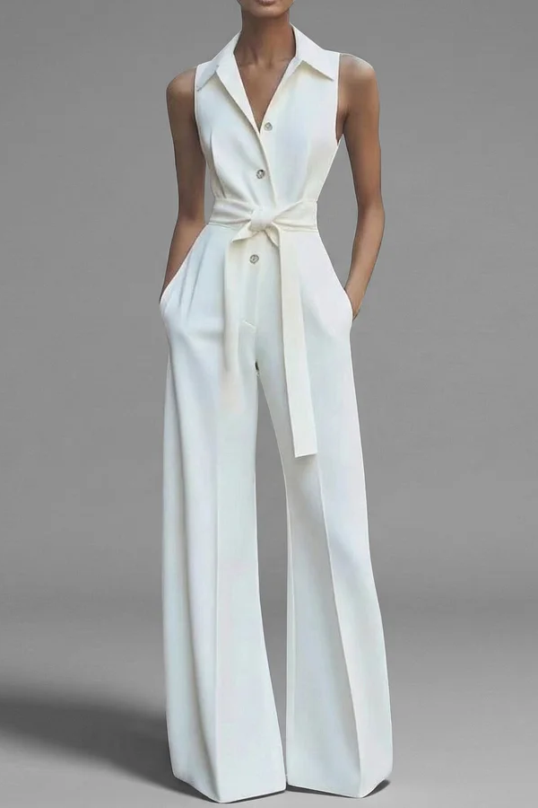 Camila | Mono elegante de mujer sin mangas con cuello camisero y cinturón de lazo, de pierna ancha