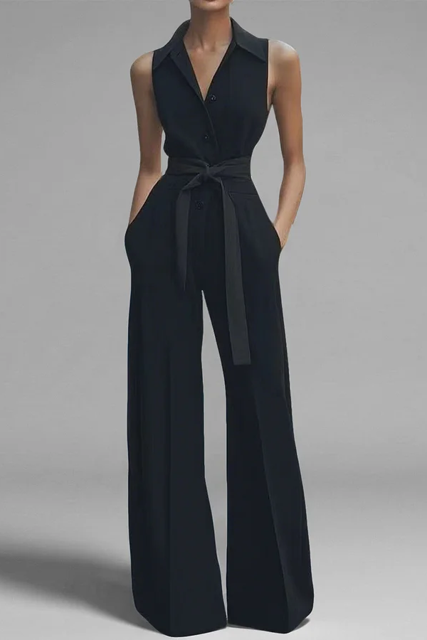 Camila | Mono elegante de mujer sin mangas con cuello camisero y cinturón de lazo, de pierna ancha